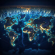 © mg photo - World map with blue glowing bow lines connecting major cities created with Generative AI