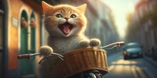 Cat Have Fun Bicycle Ride On Sunshine Day In Summer On Town Street Generative AI