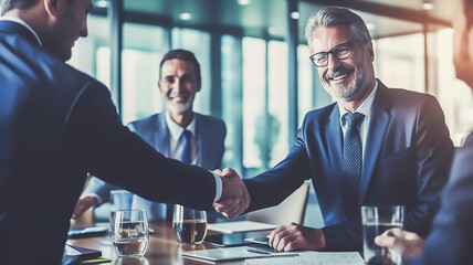 Wall Mural - businessman handshake for teamwork at meeting room after successful deal in modern office, Generative AI