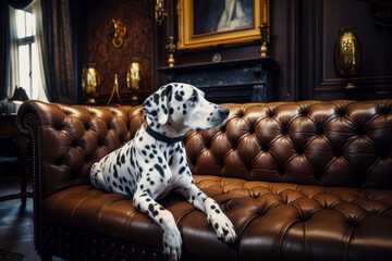 Sticker - Dalmatian dog sitting on brown leather couch in living room. Generative AI.