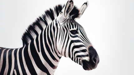 Canvas Print - Close up of zebra's head with white sky background. Generative AI.