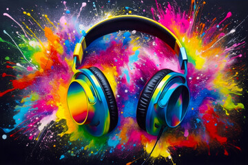 Canvas Print - Pair of headphones with colorful paint splatters on the background. Generative AI.