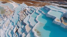 Airborne Best See Pamukkale Turkey Travertine Pools, Nature Patios With Blue Water. AI Generated