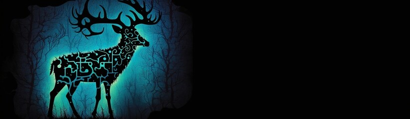 Wall Mural - Reindeer in the forest, moon, silhouette of deer with antlers. Card, space for text. Generative Ai.