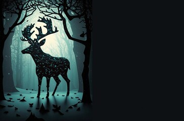 Wall Mural - Reindeer in the forest, moon, silhouette of deer with antlers. Card, space for text. Generative Ai.