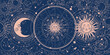 © Salomi art - Modern astrology banner, vintage horoscope zodiac wheel with 12 signs and constellations, sun and moon with face, clouds and stars, havently mystical blue background. Hand drawn vector illustration.