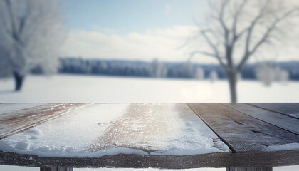 Sticker - Empty old wooden table with winter background