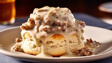 Biscuits And Gravy - Fluffy Biscuits Served With A Creamy Sausage Gravy