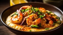 Shrimp And Grits - A Southern Dish Of Shrimp Cooked With Butter And Spices Served Over Creamy Grits