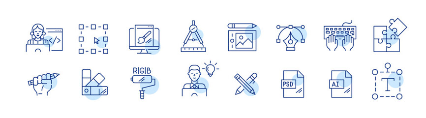 Graphic designer and website builder jobs. Coding, drawing, color picking. Pixel perfect, editable stroke line icons set