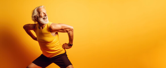 Modern Aging. An energetic image of a smiling elderly gentleman in athletic attire doing stretching exercises on a bright gradient background. Generative AI