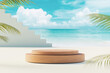 3d podium with copy space for product display presentation on palm beach and blue sky background. Tropical summer and vacation concept. Graphic art design.