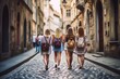 Students walk around old city in Europe. Tourist trip on vacation. Generative AI