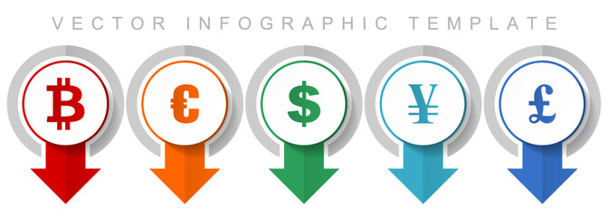 Aufkleber - Currency icon set, miscellaneous pointer icons such as bitcoin, euro, dollar, yen and pound for webdesign and mobile applications, modern design infographic vector template
