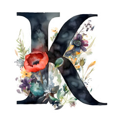 Letter K is surrounded by a vibrant splash of watercolor flowers and foliage, combining typography with the beauty of nature