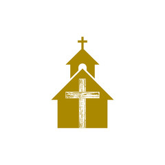 Wall Mural - Church building and wooden cross icon isolated on transparent background