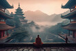 canvas print picture - Ein meditierender Mönch vor einem chinesischen Tempel, im Hintergrund neblige Berge (Genertaive KI)