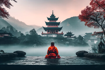 ein meditierender mönch vor einem chinesischen tempel, im hintergrund neblige berge (generative ki)