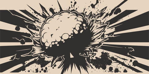 Vintage retroo cartonn comics ink abstract drawing texture background with huge atomic explosion. Graphic Art