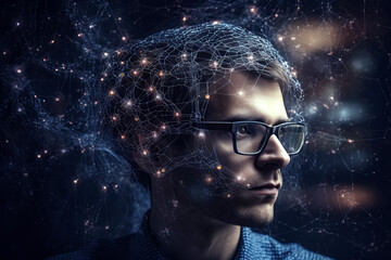 Wall Mural - portrait of a man working with neural networks in cyberspace. concept of artificial intelligence and