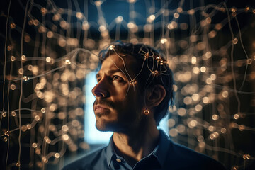 man works with neural networks in cyberspace. concept of artificial intelligence and smart digital t