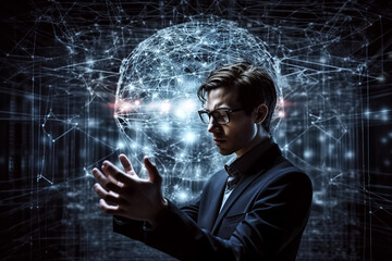 Wall Mural - man works with artificial intelligence and neural networks. concept of smart digital technologies of