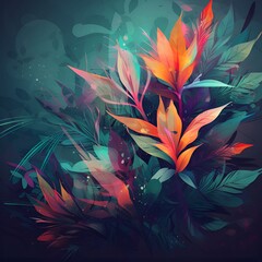 Abstract background - exotic flowers and leaves. Generative AI.