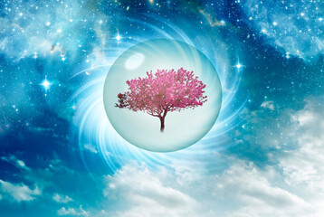 Wall Mural - mystical spring cherry tree with pink flowers in crystal ball with mystic whirl, universe, nebula and stars like spiritual mystic angelic magic fantasy nature concept 