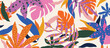 © blossomstar - Colorful vector background with scattered abstract leaves, flowers and other botanical elements. Random cutout tropical foliage collage, ornamental texture, cute decorative pattern