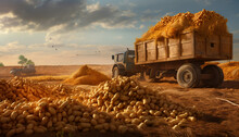 Vintage Artistic Recreation Of Potatoes Just Harvested In A Field Together A Truck Full Of Potatoes At Sunset. Illustration AI