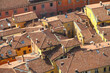 close up of italian mediterranean red and yellow roof tops in bologna, italy, aerial view