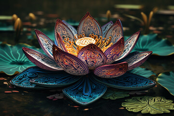 a colorful and detailed lotus flower paper art. generative AI