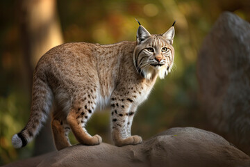 Bobcat (Lynx rufus) standing on a rock