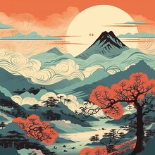 Japanese Ukiyo-e Style Landscape Wallpaper Mountain Sun Generative AI