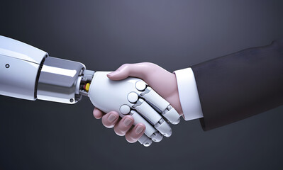 Wall Mural - robot and businessman in handshake. concept of human robot relationships. ai generated image.