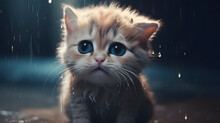 Sad Cat Crying Expression At Night Raining Day Created Using Generative AI Technology