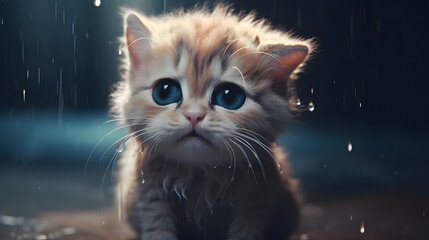 Sad cat crying expression at night raining day created using Generative AI Technology