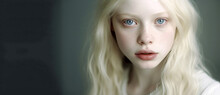Beauty Image Of An Albino Girl Posing In Studio. Concept About Body Positivity, Diversity, And Fashion, Beautiful Portrait Of A Blond Girl