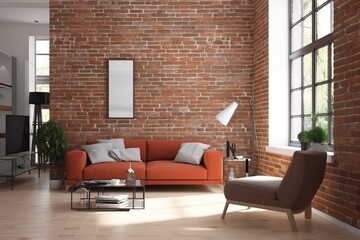 interior background trendy cosy lounge lamp carpet indoor decor loft wall light brick wall. Generative AI.