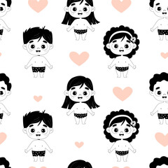 Wall Mural - Cute kids seamless pattern. Funny happy childrens boys and girls in bathing shorts on transparent background. Vector illustration. hand drawing for design, textile, wallpaper, packaging.