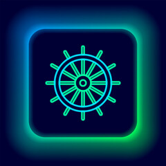 Poster - Glowing neon line Ship steering wheel icon isolated on black background. Colorful outline concept. Vector