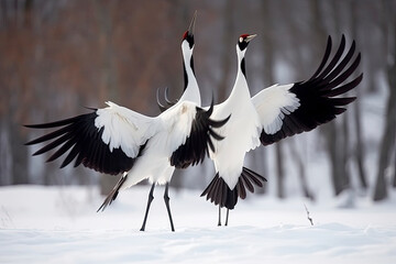  Dancing Cranes. The ritual marriage dance of cranes. The red-crowned crane. Scientific name: Grus japonensis, also called the Japanese crane or Manchurian crane. natural habitat. Japan
