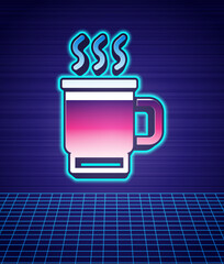 Sticker - Retro style Cup of tea icon isolated futuristic landscape background. 80s fashion party. Vector