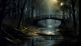 Fototapeta Krajobraz - Mystical Forest at Night Time with Water and A Bridge Made with Generative AI