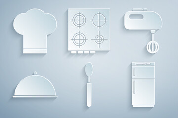 Canvas Print - Set Spoon, Electric mixer, Covered with tray, Refrigerator, Gas stove and Chef hat icon. Vector