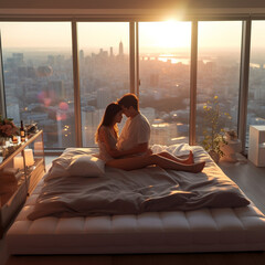 couple, young lady, kiss, hug, bed, Manshon, hotel, tower, high floor, bed, nice view, sex, morning glow, sunrise