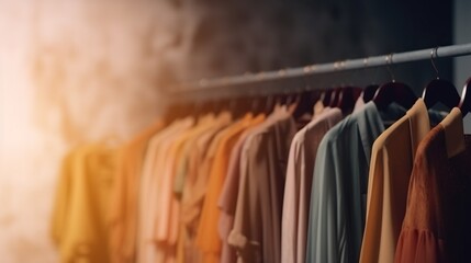 Abstract bright background of colourful clothes on hangers in a dressing