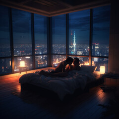 couple, young lady, kiss, hug, bed, Manshon, hotel, tower, high floor, bed, nice view, sex, night view, night