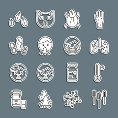 Poster - Set line Wheat, Medical digital thermometer, Lungs, Parasite mite, Handkerchief to his runny nose, Peanut, Sesame seeds and Face in protective mask icon. Vector