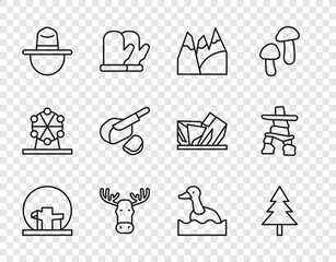 Poster - Set line Montreal Biosphere, Christmas tree, Mountains, Moose head with horns, Canadian ranger hat, Peameal bacon, Flying duck and Inukshuk icon. Vector